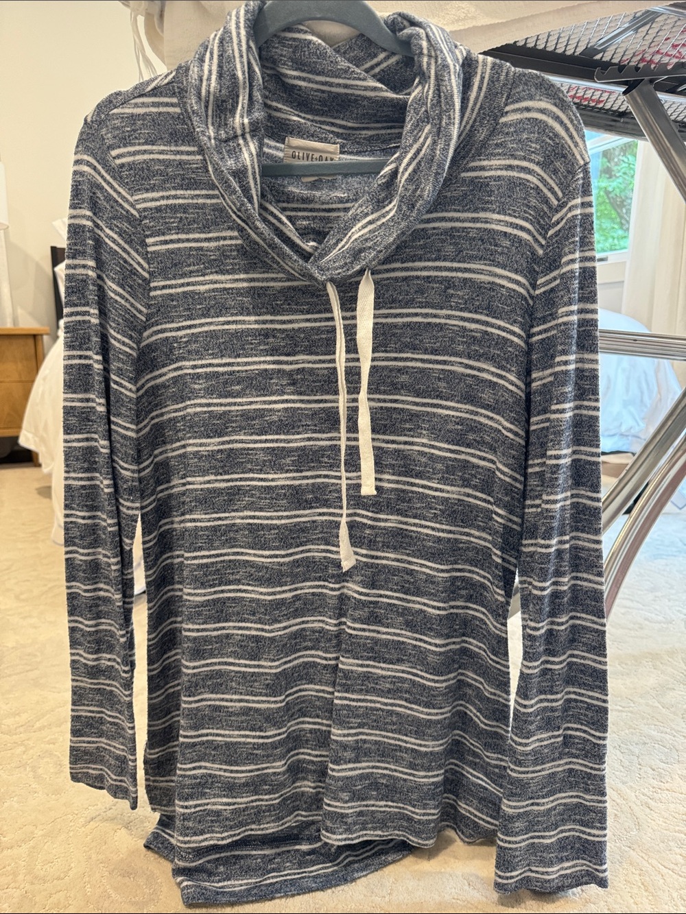 Olive & Oak Navy and White Striped Cowl Neck Drawstring Pullover